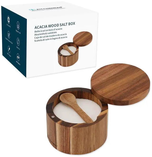 Main image of Acacia Wood Salt Cellar Bowl Box with Built-in Spoon to avoid Dust, Elegant Kitchen Salt Container Holder with Swivel Magnetic Lid to Storage Pepper Spice Bath Salt Sea Salt, 6OZ
