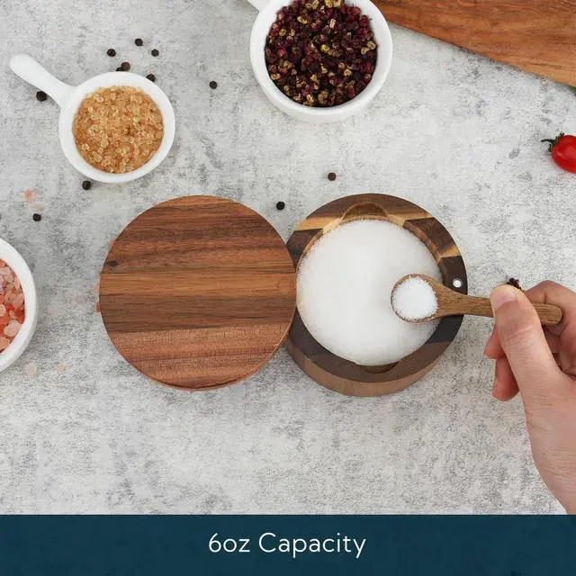 Alt view image 2 of 7 - Acacia Wood Salt Cellar Bowl Box with Built-in Spoon to avoid Dust, Elegant Kitchen Salt Container Holder with Swivel Magnetic Lid to Storage Pepper Spice Bath Salt Sea Salt, 6OZ