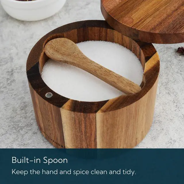Alt view image 4 of 7 - Acacia Wood Salt Cellar Bowl Box with Built-in Spoon to avoid Dust, Elegant Kitchen Salt Container Holder with Swivel Magnetic Lid to Storage Pepper Spice Bath Salt Sea Salt, 6OZ