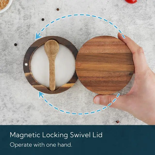 Alt view image 5 of 7 - Acacia Wood Salt Cellar Bowl Box with Built-in Spoon to avoid Dust, Elegant Kitchen Salt Container Holder with Swivel Magnetic Lid to Storage Pepper Spice Bath Salt Sea Salt, 6OZ