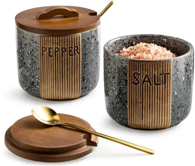 Main image of Salt and Pepper Bowl Ceramic, 10 Oz Salt Containers for Countertop Salt Cellar with Wooden Lid and Spoons, Salt and Pepper Set Marble Design, Gray