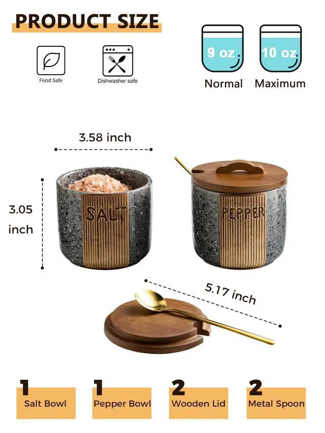 Alt view image 2 of 7 - Salt and Pepper Bowl Ceramic, 10 Oz Salt Containers for Countertop Salt Cellar with Wooden Lid and Spoons, Salt and Pepper Set Marble Design, Gray