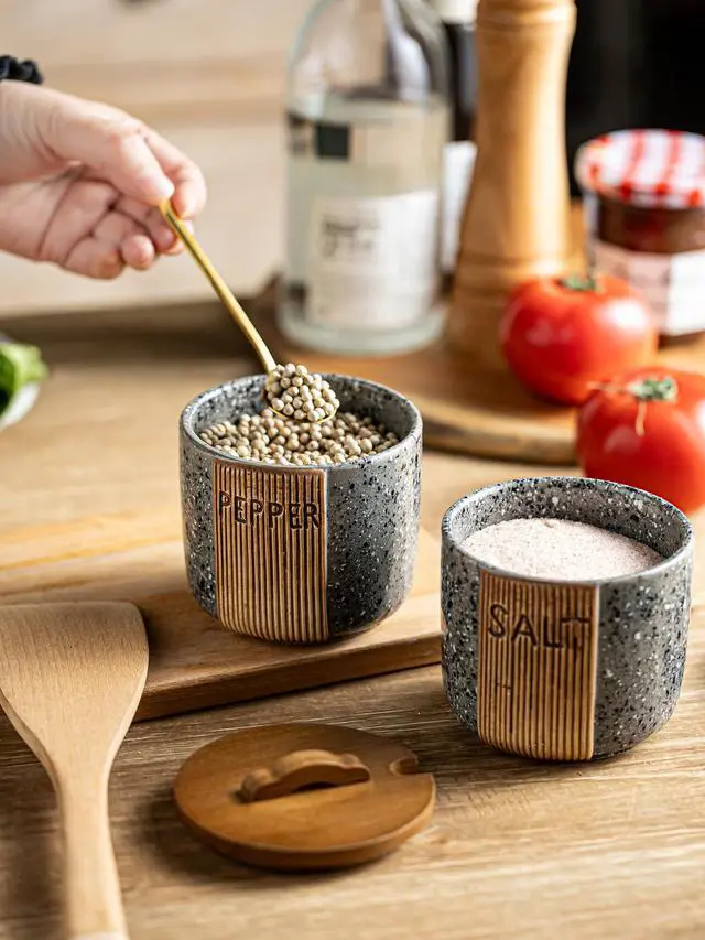 Alt view image 3 of 7 - Salt and Pepper Bowl Ceramic, 10 Oz Salt Containers for Countertop Salt Cellar with Wooden Lid and Spoons, Salt and Pepper Set Marble Design, Gray