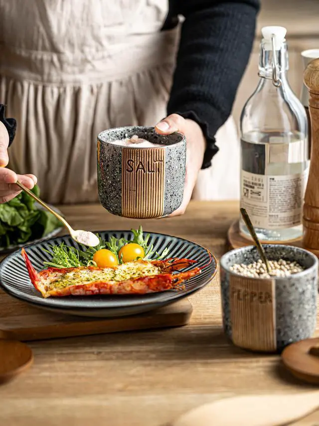 Alt view image 4 of 7 - Salt and Pepper Bowl Ceramic, 10 Oz Salt Containers for Countertop Salt Cellar with Wooden Lid and Spoons, Salt and Pepper Set Marble Design, Gray