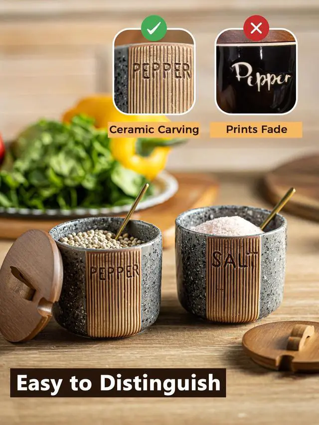 Alt view image 6 of 7 - Salt and Pepper Bowl Ceramic, 10 Oz Salt Containers for Countertop Salt Cellar with Wooden Lid and Spoons, Salt and Pepper Set Marble Design, Gray