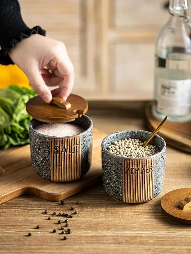Alt view image 7 of 7 - Salt and Pepper Bowl Ceramic, 10 Oz Salt Containers for Countertop Salt Cellar with Wooden Lid and Spoons, Salt and Pepper Set Marble Design, Gray