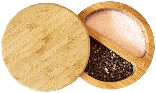 Main image of Salt Keeper Duet, Salt and Pepper Container with Dual Compartments, Bamboo Spice Cellar with Magnetic Swivel Lid, Countertop Bowls for Seasonings