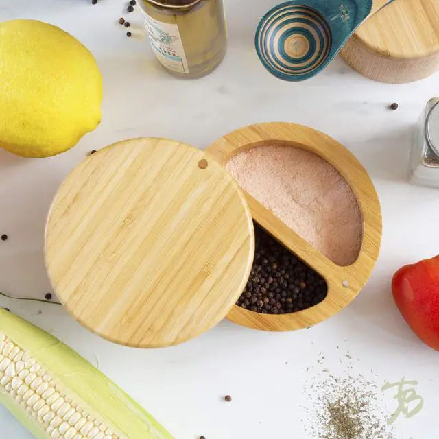 Alt view image 2 of 7 - Salt Keeper Duet, Salt and Pepper Container with Dual Compartments, Bamboo Spice Cellar with Magnetic Swivel Lid, Countertop Bowls for Seasonings