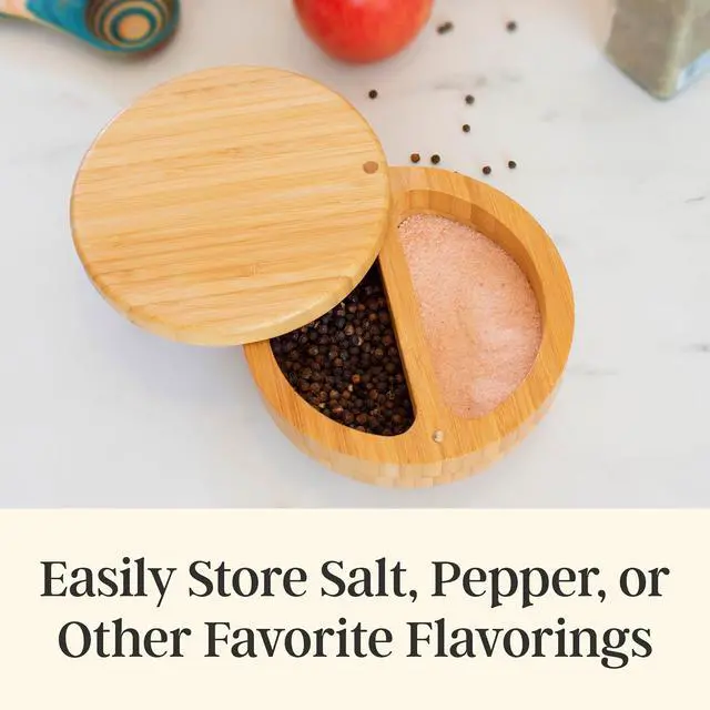 Alt view image 3 of 7 - Salt Keeper Duet, Salt and Pepper Container with Dual Compartments, Bamboo Spice Cellar with Magnetic Swivel Lid, Countertop Bowls for Seasonings