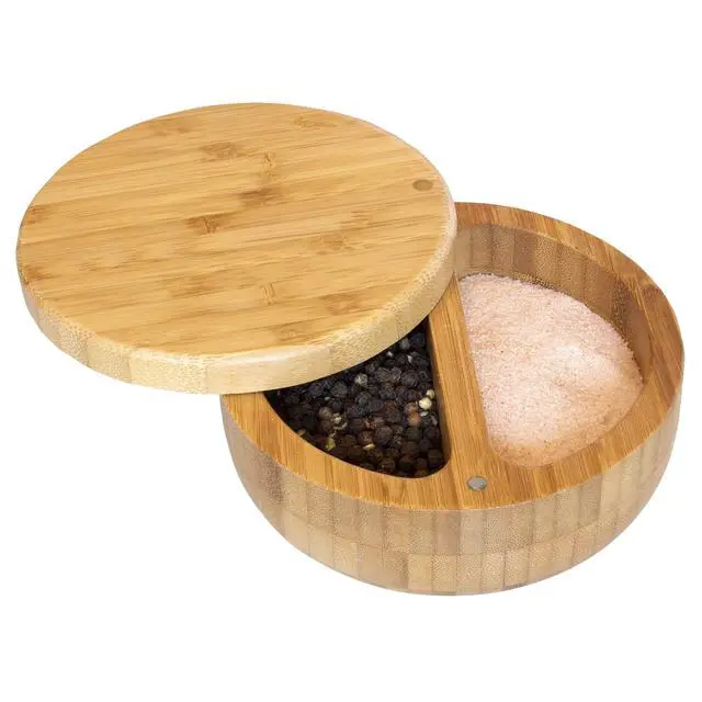 Alt view image 4 of 7 - Salt Keeper Duet, Salt and Pepper Container with Dual Compartments, Bamboo Spice Cellar with Magnetic Swivel Lid, Countertop Bowls for Seasonings