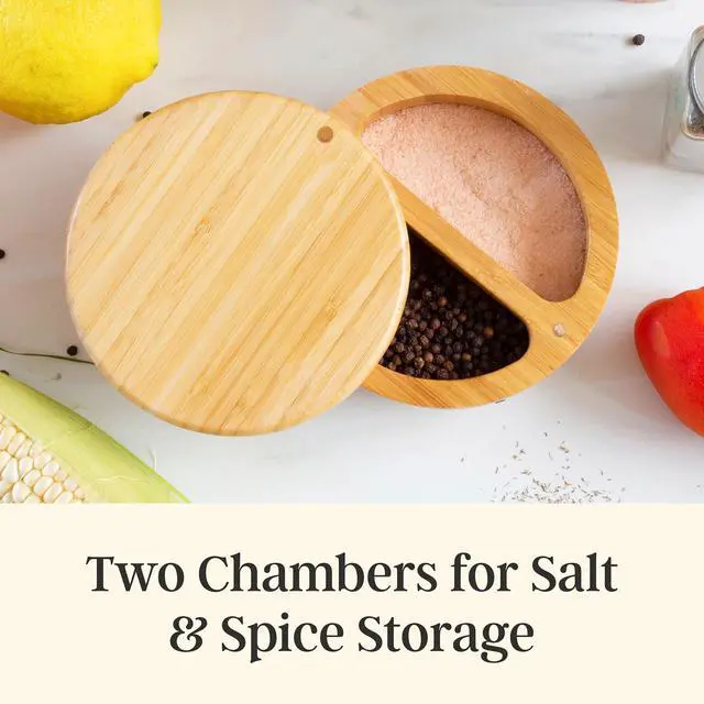 Alt view image 5 of 7 - Salt Keeper Duet, Salt and Pepper Container with Dual Compartments, Bamboo Spice Cellar with Magnetic Swivel Lid, Countertop Bowls for Seasonings