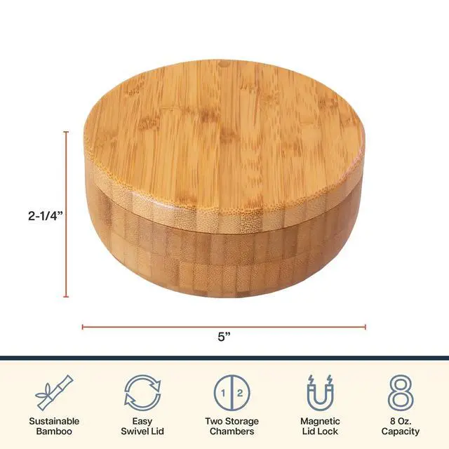 Alt view image 7 of 7 - Salt Keeper Duet, Salt and Pepper Container with Dual Compartments, Bamboo Spice Cellar with Magnetic Swivel Lid, Countertop Bowls for Seasonings