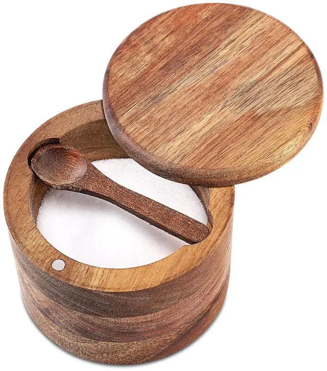 Main image of Acacia Wood Salt and Pepper Bowl, Nature Wood Salt Cellar and Spices Storage Box With Built-in Spoon and Magnetic Swivel Lid (Single Compartment 6.5 oz)