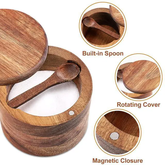 Alt view image 2 of 5 - Acacia Wood Salt and Pepper Bowl, Nature Wood Salt Cellar and Spices Storage Box With Built-in Spoon and Magnetic Swivel Lid (Single Compartment 6.5 oz)