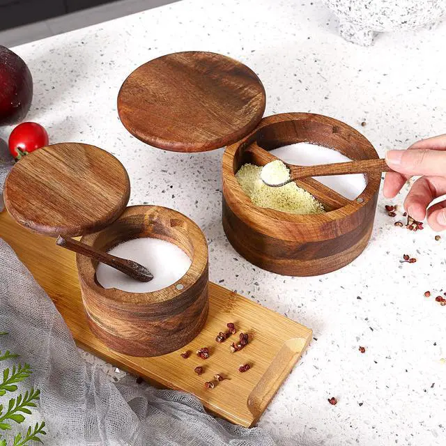 Alt view image 4 of 5 - Acacia Wood Salt and Pepper Bowl, Nature Wood Salt Cellar and Spices Storage Box With Built-in Spoon and Magnetic Swivel Lid (Single Compartment 6.5 oz)