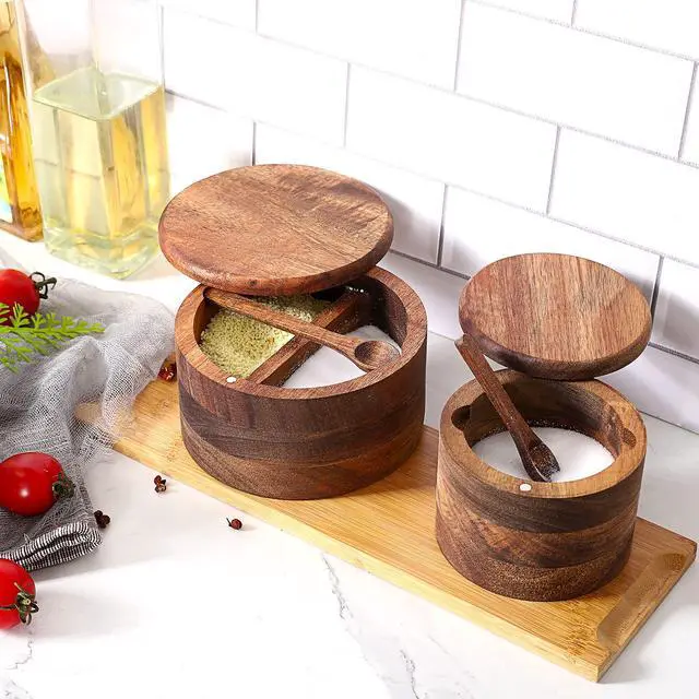 Alt view image 5 of 5 - Acacia Wood Salt and Pepper Bowl, Nature Wood Salt Cellar and Spices Storage Box With Built-in Spoon and Magnetic Swivel Lid (Single Compartment 6.5 oz)