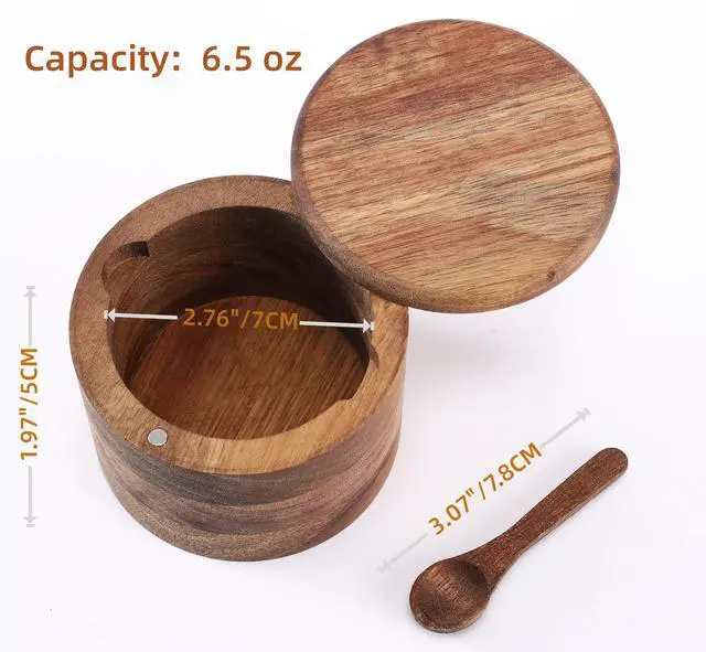 Alt view image 3 of 5 - Acacia Wood Salt and Pepper Bowl, Nature Wood Salt Cellar and Spices Storage Box With Built-in Spoon and Magnetic Swivel Lid (Single Compartment 6.5 oz)