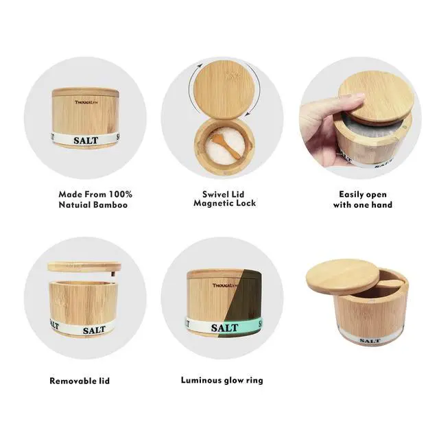 Alt view image 4 of 6 - Salt Cellar Bamboo Salt Container with Lid & Spoon for Countertop