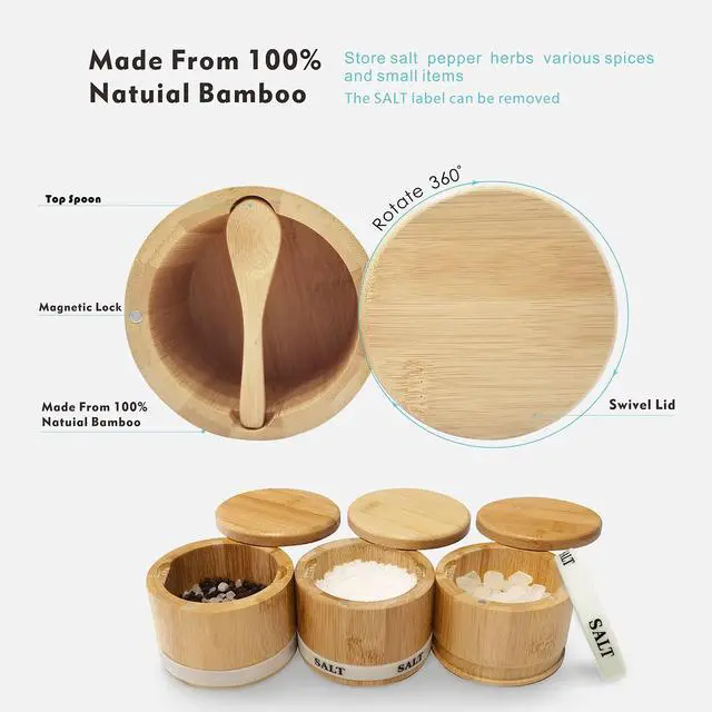 Alt view image 5 of 6 - Salt Cellar Bamboo Salt Container with Lid & Spoon for Countertop