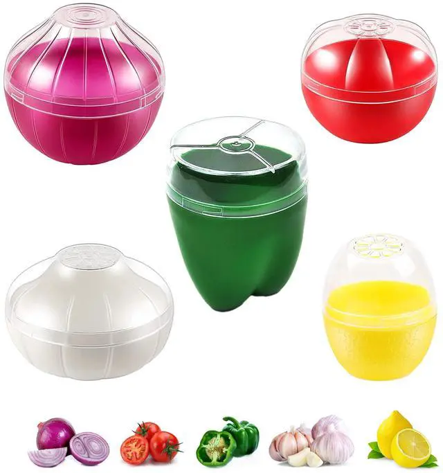 Main image of 5PCS Fruit and Vegetable Shaped Savers Storage Onion Tomato Lemon Green Pepper and Garlic Containers for Fridge Vegetable Crisper Makes Food Stays Fresh Longer