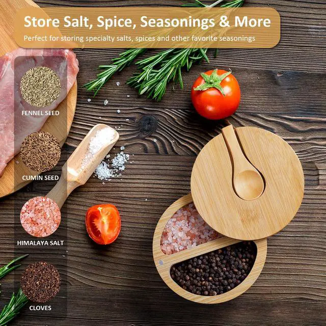 Alt view image 3 of 7 - 2-Compartment Salt Box with Lid and Spoon, Bamboo Salt Cellar with Swivel Lid, Salt and Pepper Bowls for Salt & Spices, Dual 6 oz Salt Container