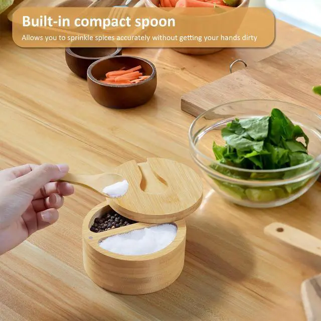 Alt view image 4 of 7 - 2-Compartment Salt Box with Lid and Spoon, Bamboo Salt Cellar with Swivel Lid, Salt and Pepper Bowls for Salt & Spices, Dual 6 oz Salt Container