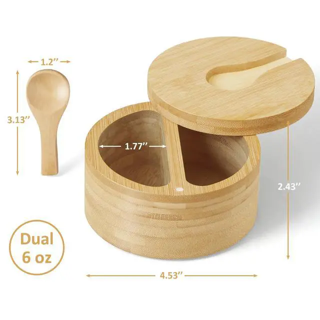 Alt view image 6 of 7 - 2-Compartment Salt Box with Lid and Spoon, Bamboo Salt Cellar with Swivel Lid, Salt and Pepper Bowls for Salt & Spices, Dual 6 oz Salt Container