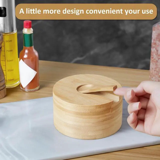 Alt view image 7 of 7 - 2-Compartment Salt Box with Lid and Spoon, Bamboo Salt Cellar with Swivel Lid, Salt and Pepper Bowls for Salt & Spices, Dual 6 oz Salt Container