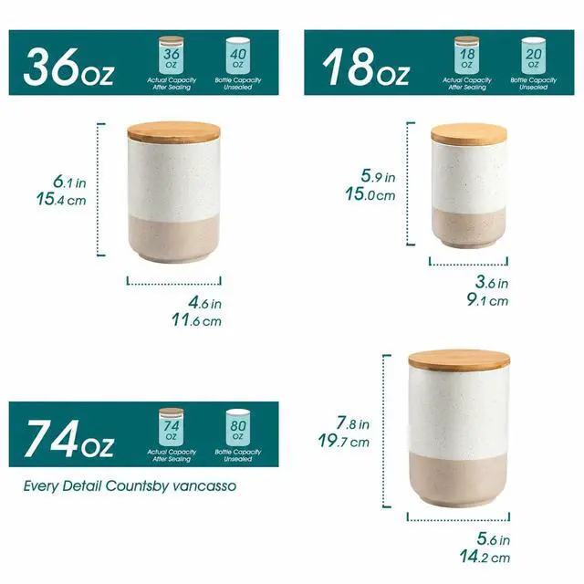 Alt view image 2 of 7 - Sabine Kitchen Canister Set of 3, Ceramic Food Storage Containers with Airtight Wood Lids, Countertop & Pantry Organization for Flour, Sugar, Coffee, Tea & Snacks