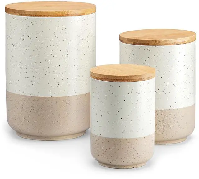 Main image of Sabine Kitchen Canister Set of 3, Ceramic Food Storage Containers with Airtight Wood Lids, Countertop & Pantry Organization for Flour, Sugar, Coffee, Tea & Snacks