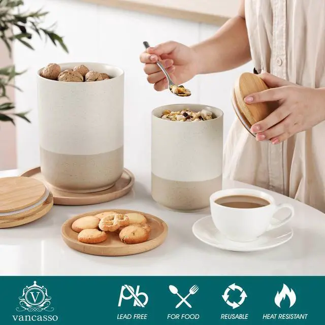 Alt view image 3 of 7 - Sabine Kitchen Canister Set of 3, Ceramic Food Storage Containers with Airtight Wood Lids, Countertop & Pantry Organization for Flour, Sugar, Coffee, Tea & Snacks
