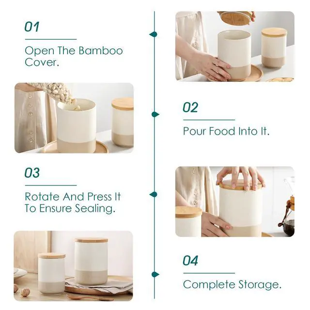 Alt view image 6 of 7 - Sabine Kitchen Canister Set of 3, Ceramic Food Storage Containers with Airtight Wood Lids, Countertop & Pantry Organization for Flour, Sugar, Coffee, Tea & Snacks