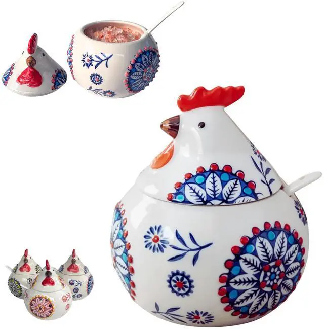 Main image of 13.5 Oz Salt Cellar With Lid and Spoon (Blue)- Ceramic Chicken Spice Jars for Salt, Sugar, Pepper - Spice Containers for Countertop