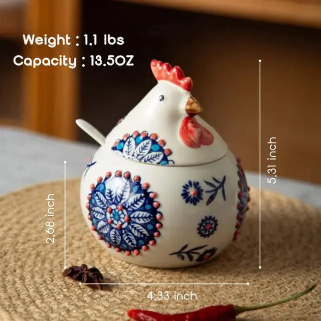 Alt view image 2 of 7 - 13.5 Oz Salt Cellar With Lid and Spoon (Blue)- Ceramic Chicken Spice Jars for Salt, Sugar, Pepper - Spice Containers for Countertop