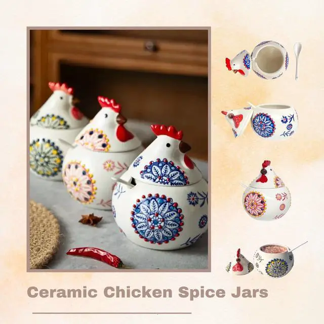 Alt view image 3 of 7 - 13.5 Oz Salt Cellar With Lid and Spoon (Blue)- Ceramic Chicken Spice Jars for Salt, Sugar, Pepper - Spice Containers for Countertop