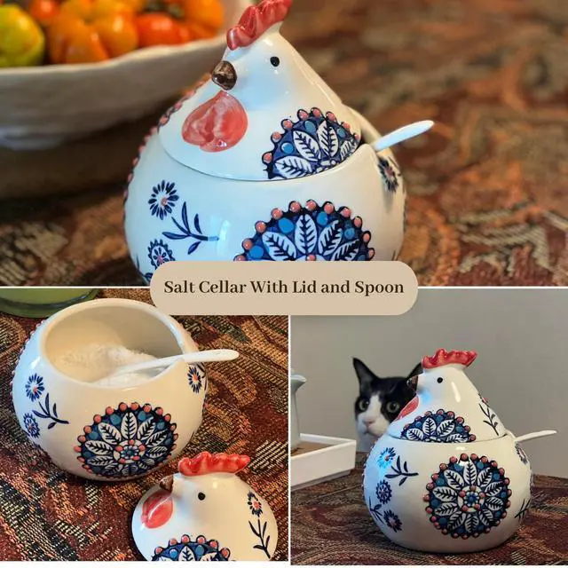 Alt view image 6 of 7 - 13.5 Oz Salt Cellar With Lid and Spoon (Blue)- Ceramic Chicken Spice Jars for Salt, Sugar, Pepper - Spice Containers for Countertop