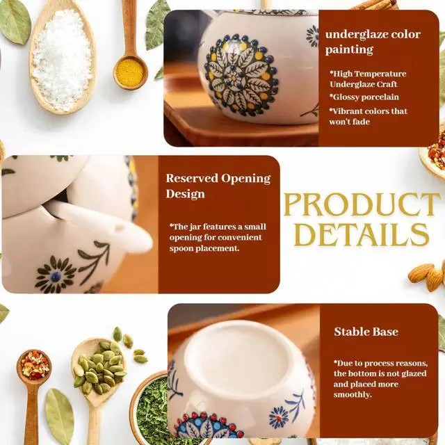Alt view image 5 of 7 - 13.5 Oz Salt Cellar With Lid and Spoon (Blue)- Ceramic Chicken Spice Jars for Salt, Sugar, Pepper - Spice Containers for Countertop