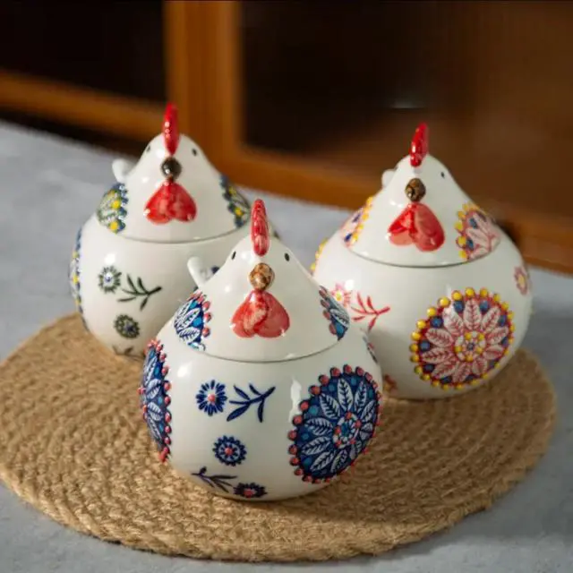 Alt view image 7 of 7 - 13.5 Oz Salt Cellar With Lid and Spoon (Blue)- Ceramic Chicken Spice Jars for Salt, Sugar, Pepper - Spice Containers for Countertop