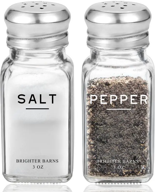 Main image of Glass Salt and Pepper Shakers Set by Brighter Barns - Modern Kitchen Decor, Dining Table Countertop Accessory - Rustic, Farmhouse, Vintage Glass Shakers with Stainless Steel Lids for Home, Restaurant