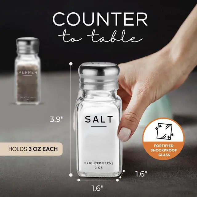 Alt view image 3 of 7 - Glass Salt and Pepper Shakers Set by Brighter Barns - Modern Kitchen Decor, Dining Table Countertop Accessory - Rustic, Farmhouse, Vintage Glass Shakers with Stainless Steel Lids for Home, Restaurant