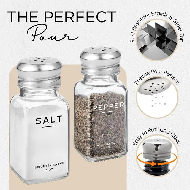 Alt view image 4 of 7 - Glass Salt and Pepper Shakers Set by Brighter Barns - Modern Kitchen Decor, Dining Table Countertop Accessory - Rustic, Farmhouse, Vintage Glass Shakers with Stainless Steel Lids for Home, Restaurant