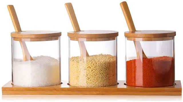Main image of 3 PCS Stylish Simple Condiment Canisters Pots Set, Decorative Storage Seasoning Glass Container Box with Bamboo Spoon Lid and Base for Home Kitchen café Storing Salt Sugar Pepper Spice