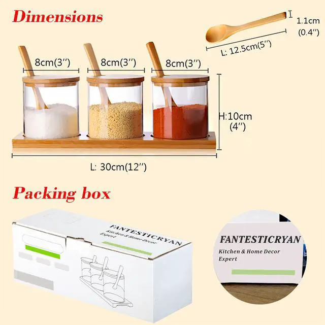 Alt view image 2 of 7 - 3 PCS Stylish Simple Condiment Canisters Pots Set, Decorative Storage Seasoning Glass Container Box with Bamboo Spoon Lid and Base for Home Kitchen café Storing Salt Sugar Pepper Spice