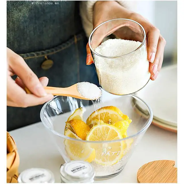 Alt view image 3 of 7 - 3 PCS Stylish Simple Condiment Canisters Pots Set, Decorative Storage Seasoning Glass Container Box with Bamboo Spoon Lid and Base for Home Kitchen café Storing Salt Sugar Pepper Spice
