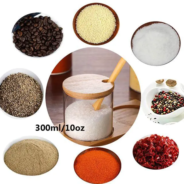 Alt view image 5 of 7 - 3 PCS Stylish Simple Condiment Canisters Pots Set, Decorative Storage Seasoning Glass Container Box with Bamboo Spoon Lid and Base for Home Kitchen café Storing Salt Sugar Pepper Spice