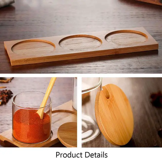 Alt view image 6 of 7 - 3 PCS Stylish Simple Condiment Canisters Pots Set, Decorative Storage Seasoning Glass Container Box with Bamboo Spoon Lid and Base for Home Kitchen café Storing Salt Sugar Pepper Spice