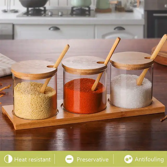 Alt view image 7 of 7 - 3 PCS Stylish Simple Condiment Canisters Pots Set, Decorative Storage Seasoning Glass Container Box with Bamboo Spoon Lid and Base for Home Kitchen café Storing Salt Sugar Pepper Spice