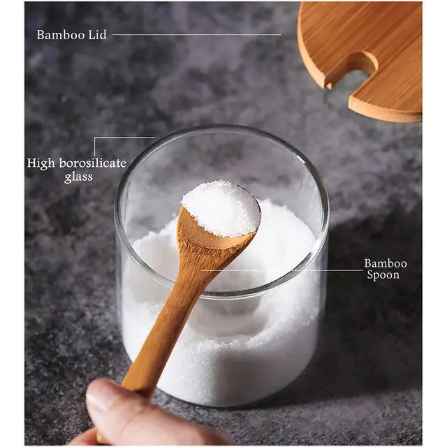 Alt view image 4 of 7 - 3 PCS Stylish Simple Condiment Canisters Pots Set, Decorative Storage Seasoning Glass Container Box with Bamboo Spoon Lid and Base for Home Kitchen café Storing Salt Sugar Pepper Spice