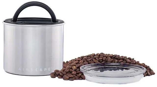 Main image of Planetary Design Stainless Steel Coffee Canister | Food Storage Container | US Patented Airtight Lid | Push Out Excess Air Preserve Food Freshness (Small, Brushed Steel)