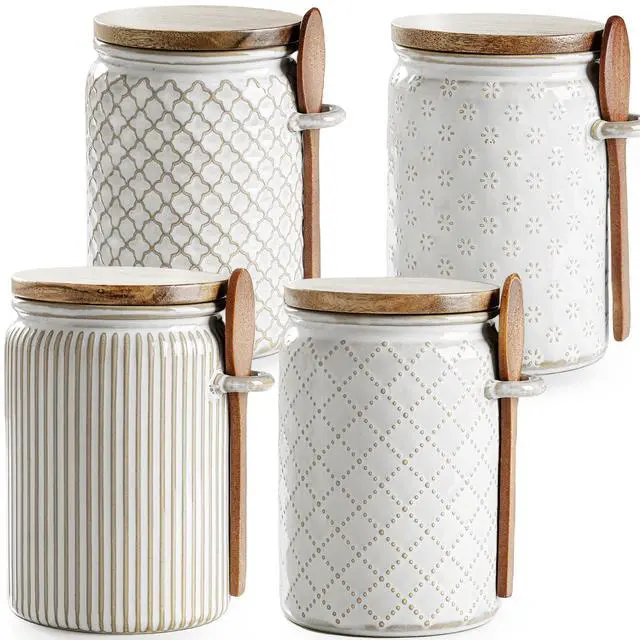 Main image of Small Canisters Sets for the Kitchen, 18 oz Sugar Coffee Tea Storage Containers, Ceramic Kitchen Canisters for Countertop Set of 4 with Airtight Lids and Teaspoons